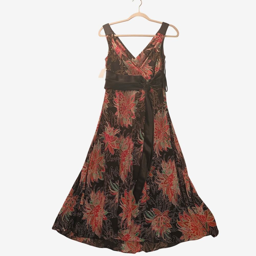 Evan Picone Dress Midi Faux Wrap Flowy Black Floral Belted Whimsygoth Size 8